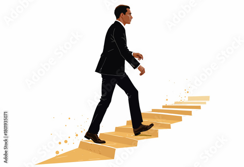 Illustration of a Businessman in a Suit Confidently Climbing Golden Stairs Symbolizing Career Growth and Success with a White Background