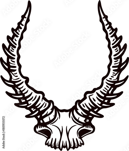 Hand drawn engraved antelope skull with long curved horns isolated on white background illustration