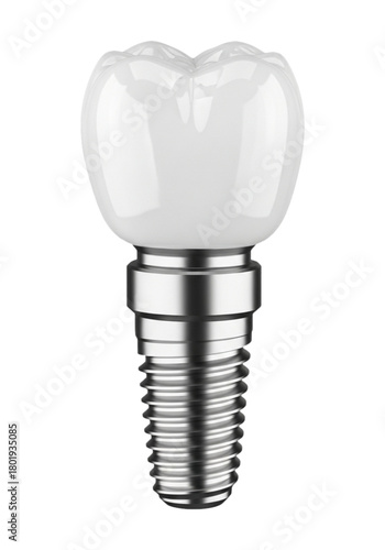 Dental implant with crown fixture and ceramic crown isolated on transparent background.