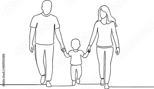 Happy family in continuous line art drawing style. Front view of parents with their little kid holding hands and walking together black linear sketch isolated on white background. Vector illustration