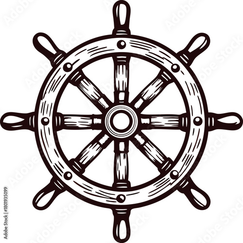 Hand drawn antique ship wheel isolated on white background nautical vintage engraving illustration