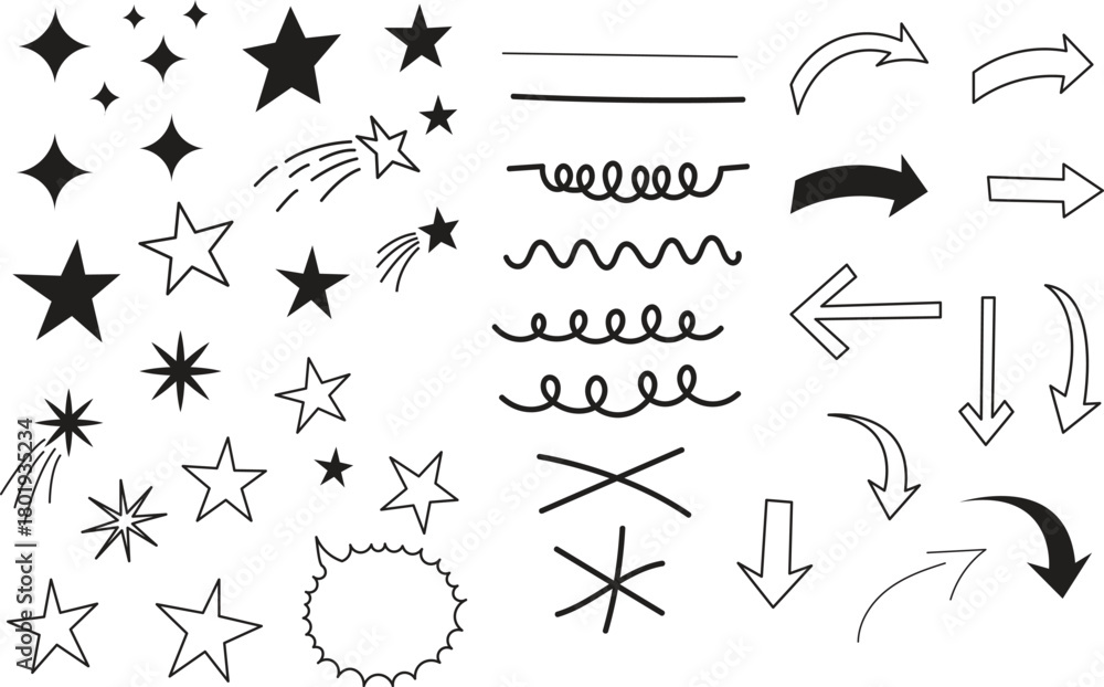 Fototapeta premium Hand drawn doodle elements stars arrows swirls and lines collection