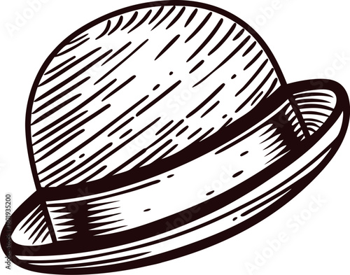 Hand drawn vintage bowler hat illustration with engraving lines and retro isolated on white background