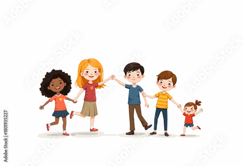Illustration of a diverse group of cheerful children holding hands in a line, celebrating friendship and joy in a colorful and playful setting