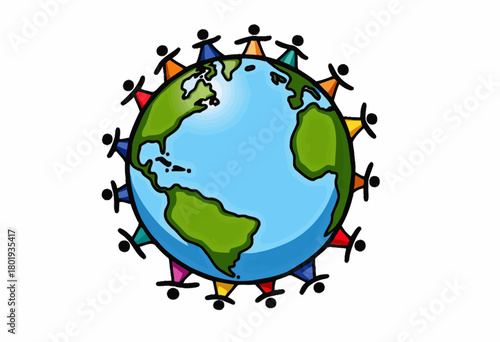 Illustrated Earth Depicting Unity with Diverse Human Figures Encircling Globe in Symbolic Representation of Global Community and Cultural Cohesion