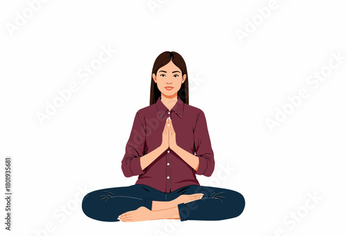 Calm Woman Meditating in a Cross-Legged Position with Hands in Namaste Gesture on a Minimalistic Background