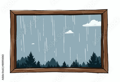 Illustration of Rainfall Viewed through Wooden Window Frame Overlooking Forest with Evergreen Trees and Overcast Sky