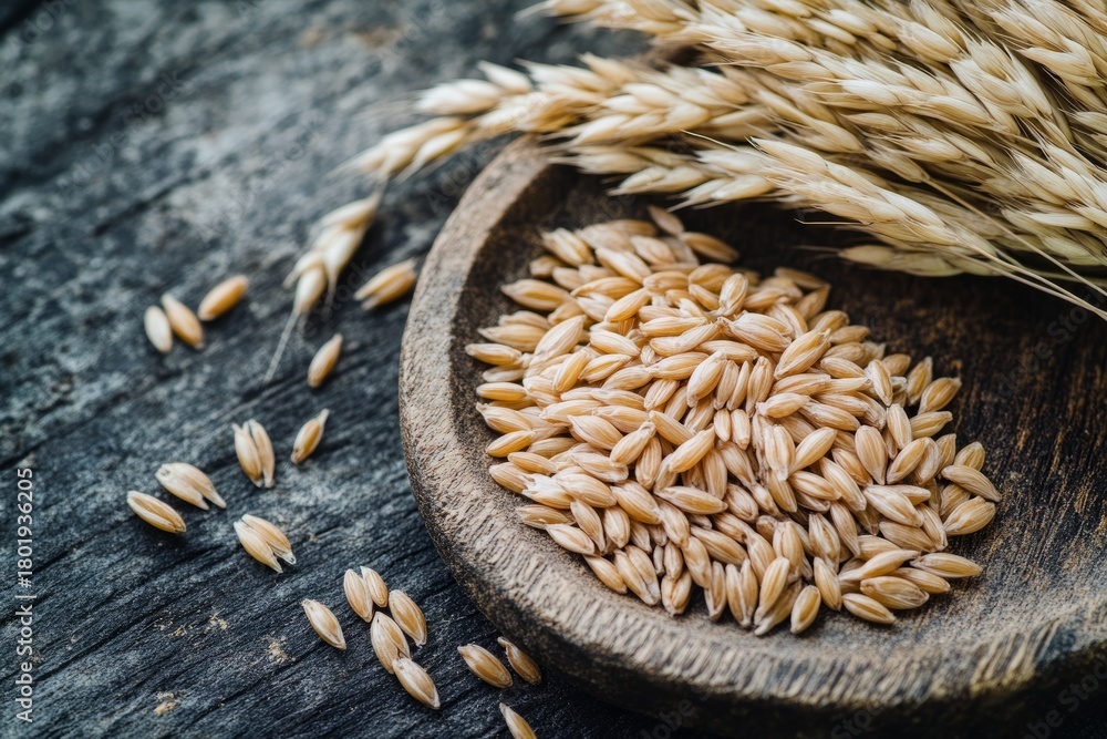 Fototapeta premium Oats grains filling wooden spoon with dry harvest cereal