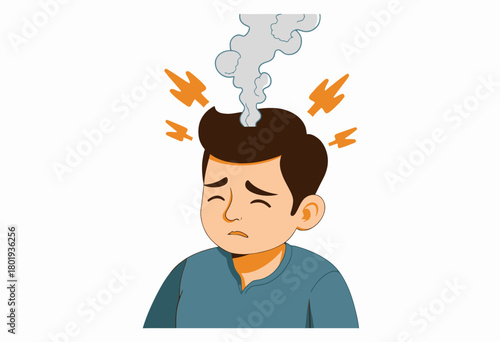 Illustration of a Frustrated Young Man with Steam and Lightning Expressing Emotional Overload and Stress