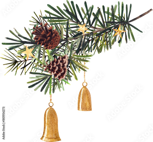 Watercolor Christmas Pine Branch with Ornaments