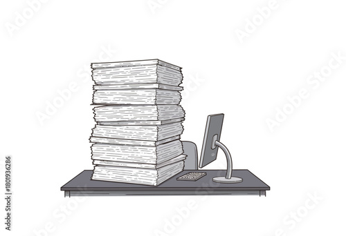 Massive Stack of Papers Towering on Office Desk Overwhelms Workspace Next to Modern Computer Monitor