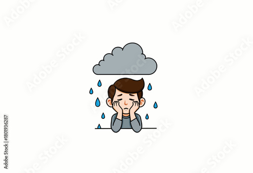 Illustration of a Sad Cartoon Character with a Cloud Above and Raindrops Falling Over a Pensive Expression