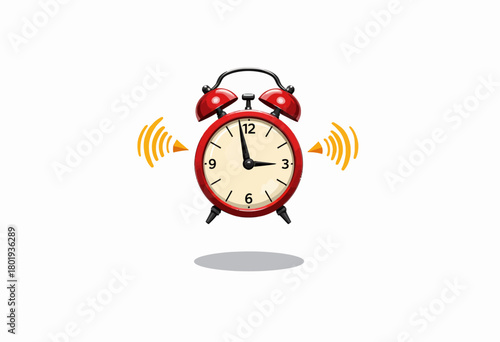Classic Red Alarm Clock with Bell and Vibrating Sound Waves Illustrating the Concept of Time Management and Wakefulness on a Minimalist Background