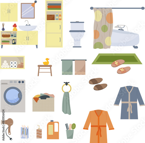 Bathroom furniture and accessories in a flat style, vector illustration. Concept of hygiene items and home laundry.