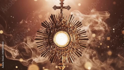 Sacred Monstrance with glowing Host, divine light, and ethereal smoke creating a spiritual atmosphere for worship