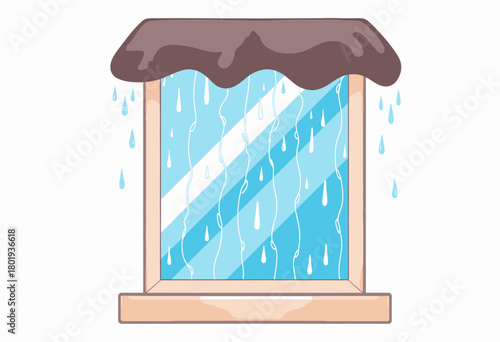 Illustration of a Rain-Soaked Window Showing Water Droplets Dripping Down the Glass Pane Creating a Serene Atmosphere and a Sense of Cozy Comfort Indoors