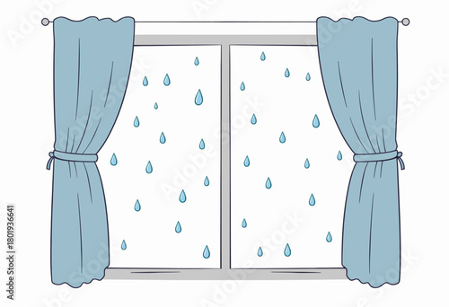 Illustration of a window with blue curtains framing a tranquil rainy scene outside, featuring droplets on the glass in a calming, peaceful atmosphere