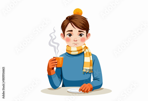 Illustration of a Young Boy Feeling Unwell While Holding a Steaming Hot Drink in a Cozy Winter Outfit with a Scarf, Hat, and Gloves
