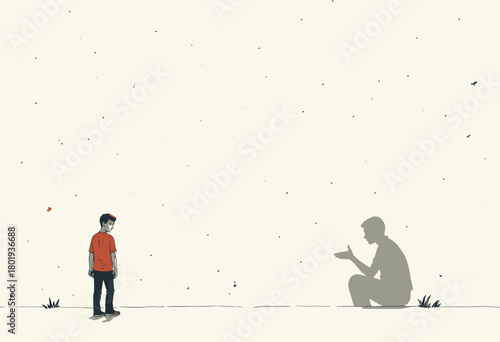 Boy in a red shirt faces a contemplative shadow on a plain wall, evoking themes of introspection and imagination in a minimalist setting