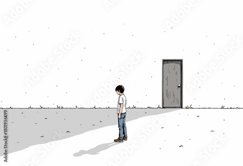 Solitary Boy Standing Thoughtfully in a Minimalist Space with Grey Door and Shadow on Bright White Background