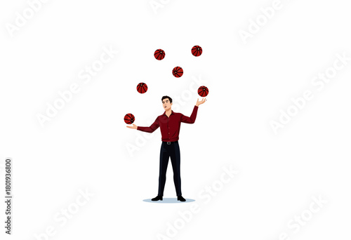 Man Skillfully Juggling Multiple Basketballs in Mid-Air Displaying Precision and Balance in Isolated White Background