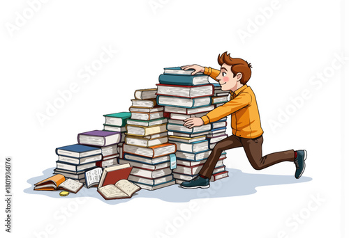 Eager Young Reader Climbing Mountain of Books in Quest for Knowledge and Imagination on White Background with Opened Notebooks and Scattered Papers