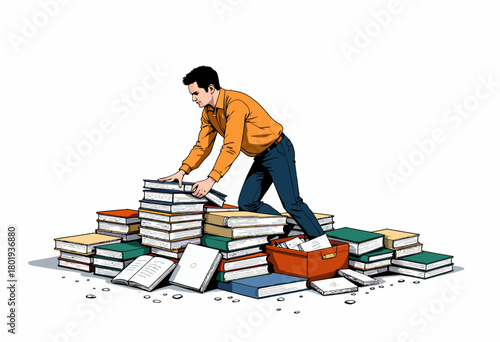 Man Organizing a Large Pile of Books, Sorting Literature for Study or Archiving Amidst Stacks of Colorful Volumes in a Busy and Cluttered Environment