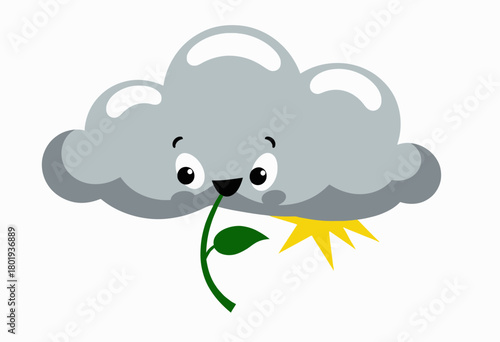 Cute Cartoon Cloud with Smiling Face Releasing Sunlight and Holding a Leaf in its Mouth Against a White Background