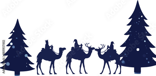 Three wise men on camels silhouette walking through snowy pine trees on white background