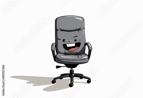 Playful illustration of a smiling office chair with animated features bringing life and character to an everyday ergonomic furniture piece against a plain backdrop.
