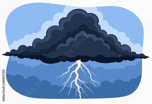 Illustration of a Dramatic Thunderstorm with Dark Clouds and Striking Lightning Against a Blue Sky Backdrop Depicting Nature's Intense and Powerful Weather Phenomena