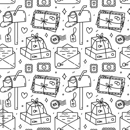 Cute seamless pattern with letters, envelopes, mailboxes, parcels, postage stamps. Vector hand-drawn doodle illustration. Perfect for print, wallpaper, decorations, wrapping paper.Mail delivery design