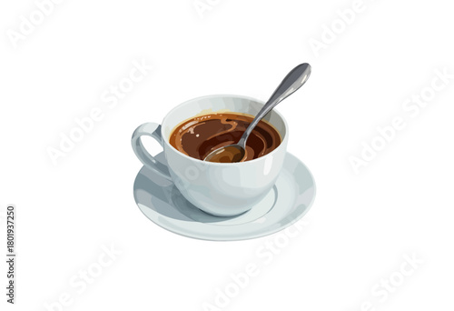 Elegant White Cup Filled with Rich, Dark Coffee and Stainless Steel Spoon on Matching Saucer Captures Minimalist Aesthetic in Perfectly Lit Setting