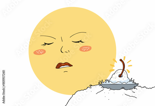 Giant sun face looking displeased at melting sundae in bright daylight with cherry on top and glowing light rays emphasizing the contrast in temperature