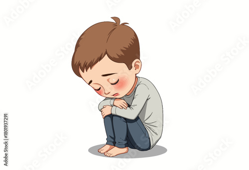 Illustration of a Young Boy Sitting Alone with a Thoughtful Expression, Hugging His Knees in a Contemplative Pose on a Simple White Background