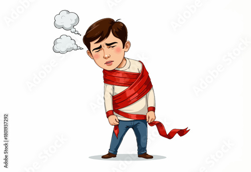 Illustration of a Young Boy Wrapped in Red Tape Symbolizing Frustration and Bureaucracy on a White Background with Thought Bubble