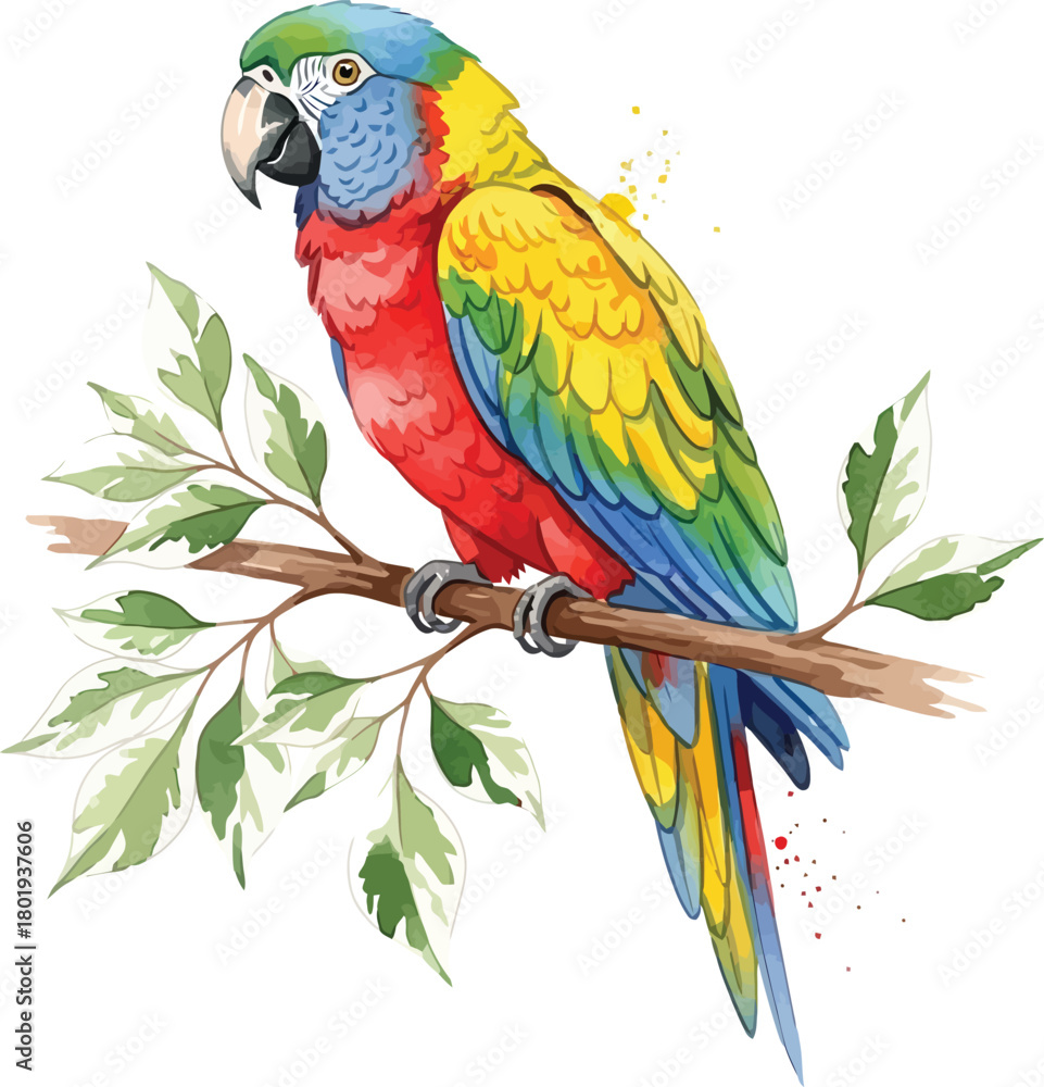 Obraz premium Vibrant colorful parrot perched on a leafy branch tropical bird illustration