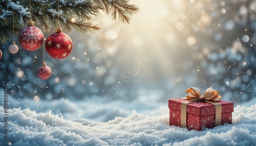 Winter scene with falling snow, glowing sun, frosted ground, and red gift box, festive, cozy holiday atmosphere perfect for Christmas and seasonal campaigns.
