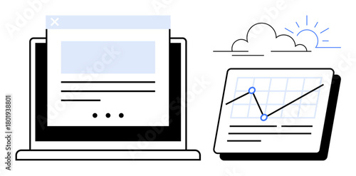 Laptop screen displaying web interface next to analytics chart with trendline, cloud, and sun. Ideal for data analysis, statistics, business growth, technology, online solutions, efficiency simple
