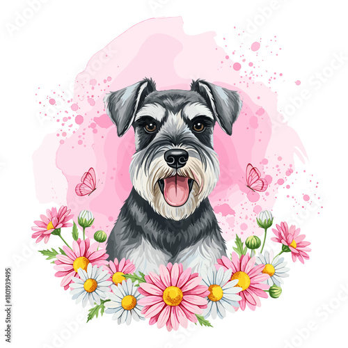 Cute Schnauzer Dog in Pink Daisy Flowers Art