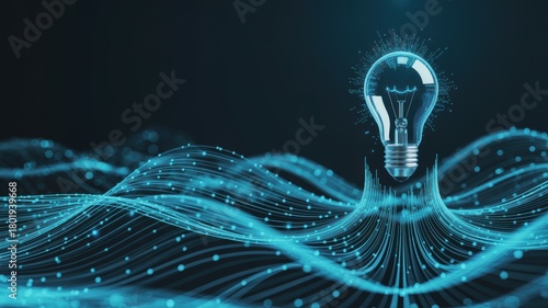 Bright light bulb emerging from glowing blue data waves representing innovation and insights