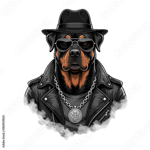 Cool Biker Rottweiler in Leather Jacket & Hat