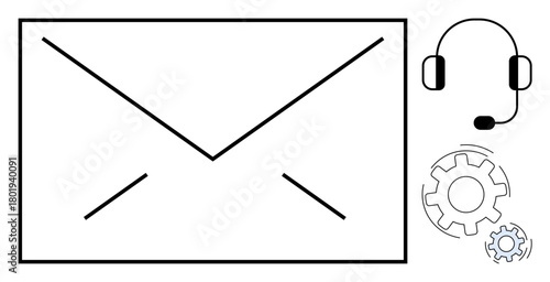 Envelope, headset with microphone, and gears combine to represent email, customer service, technical support, messaging, communication, automation, and collaboration in a simple flat metaphor