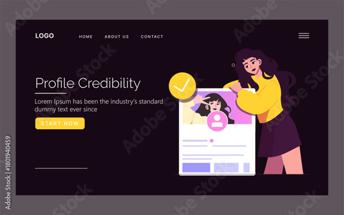 Woman Checking Online Profile Credibility Vector Illustration