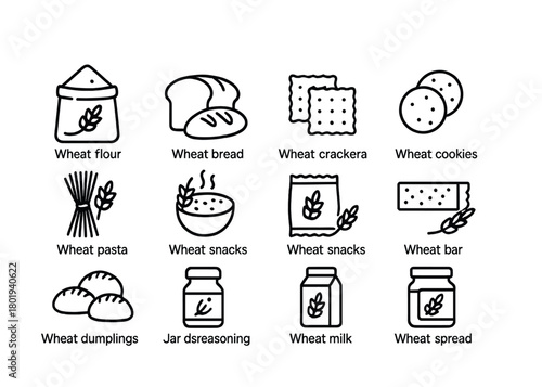 Vector Variety of wheat-based products including flour, bread, crackers, cookies, pasta, snacks, bar, and milk