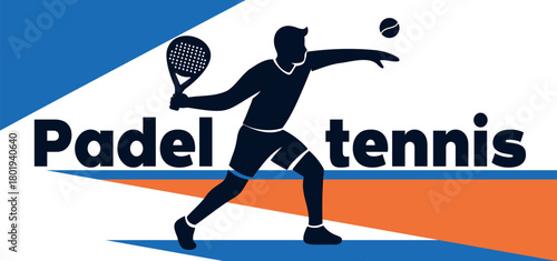 Vibrant vector banner promoting padel tennis. Dynamic dark silhouette of a player creates a modern, scalable illustration. Suitable for advertising, clubs, posters, digital media, and competitions