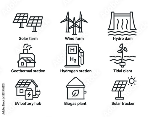 Vector Icons of renewable energy sources: solar, wind, hydro, geothermal, and more