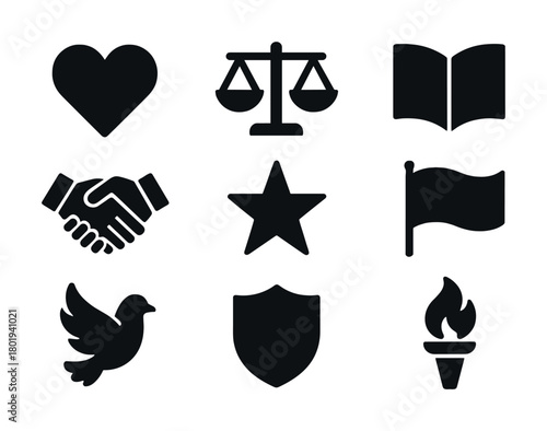 Vector Set of nine black icons: heart, scales, book, handshake, star, flag, dove, shield, torch