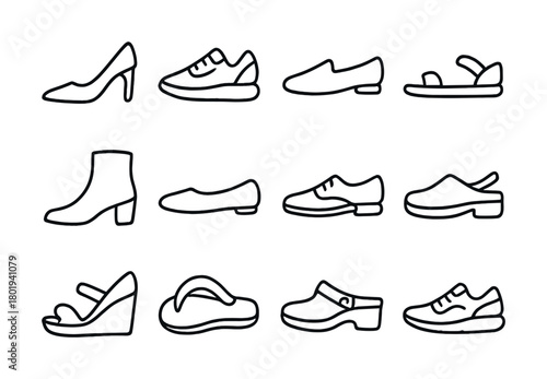 Vector Variety of footwear silhouettes: heels, loafers, sandals, boots, and sneakers