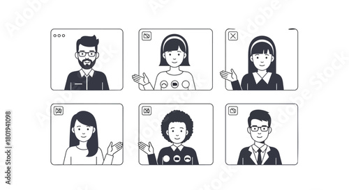 Diverse group of people in video conference call grid view with hand gestures and expressions